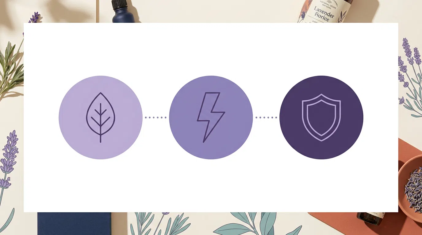 Abstract three-icon infographic: plant leaf, lightning bolt, shield - representing plant extracts, energy metabolism, cell protection